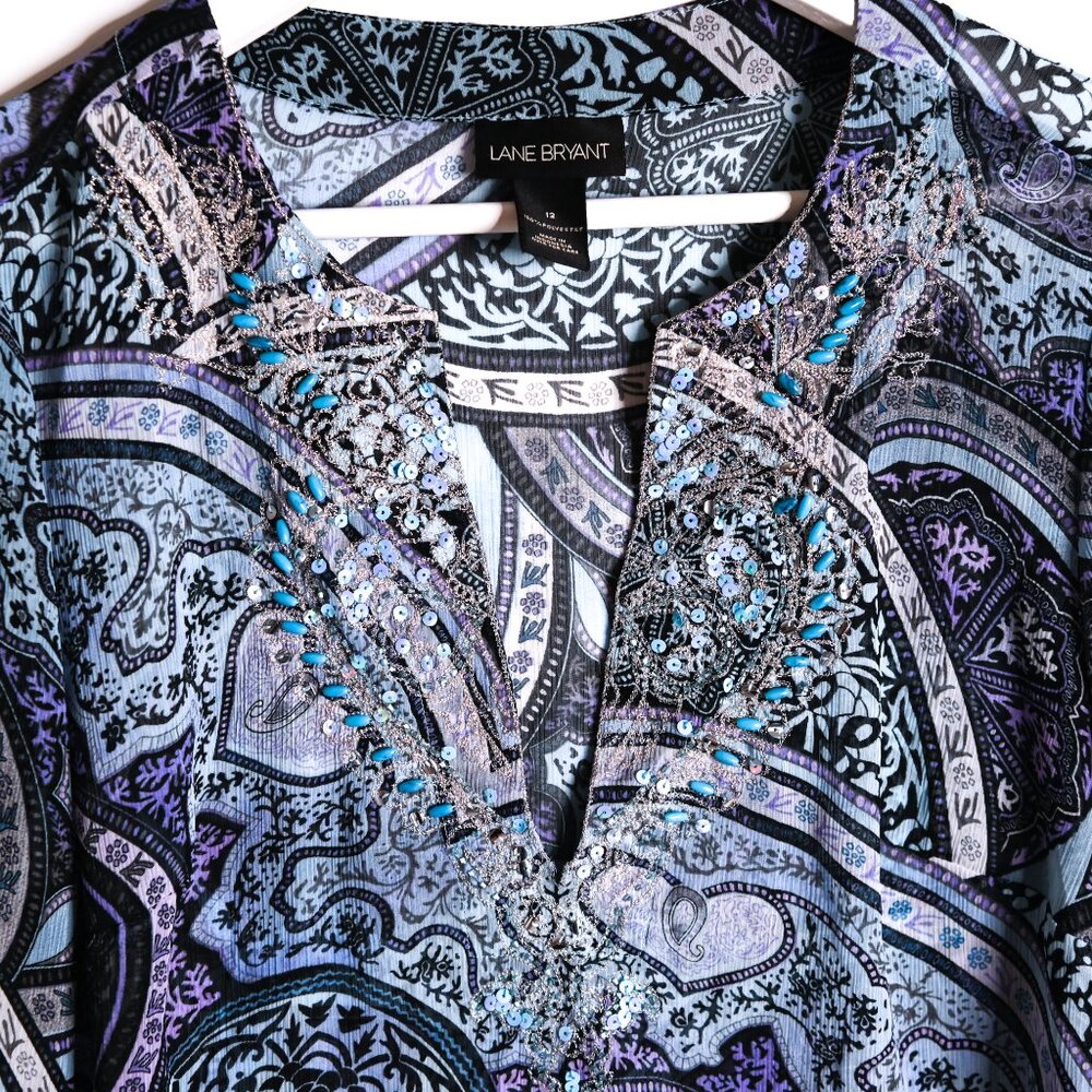 LANE BRYANT Blue and Purple Flowy Blouse with Beading Embellishments - Size 12 - Picture 3 of 10